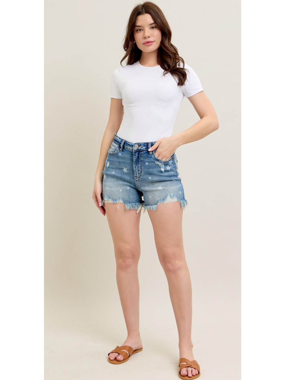 Judy Blue 150226REG (Americana) HW Star Print Cut Off Destroy Shorts Medium